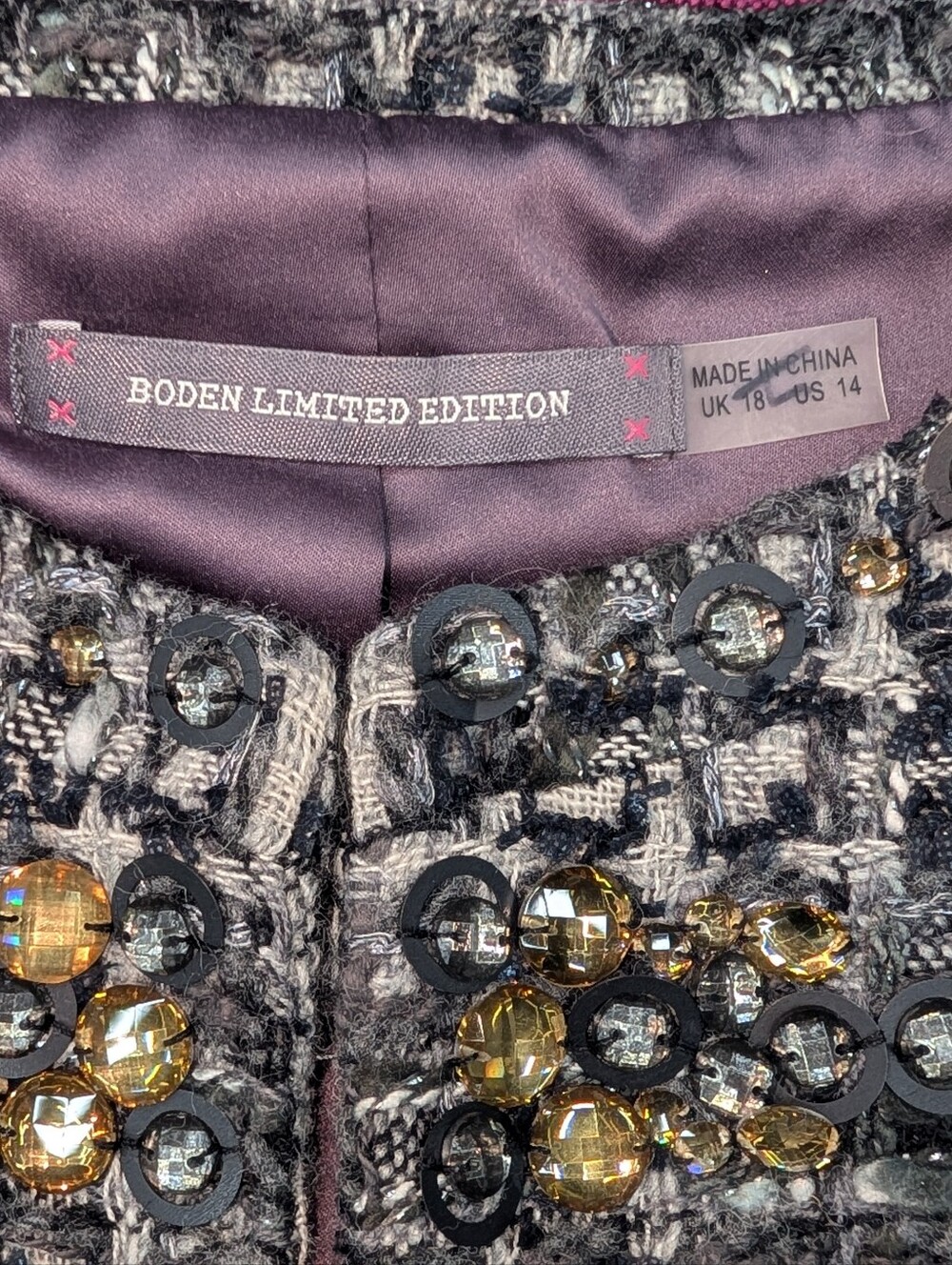 Boden Limited Edition Gray Wool Tweed Embellished Crystal Lady Jacket Size 14 - Picture 7 of 11